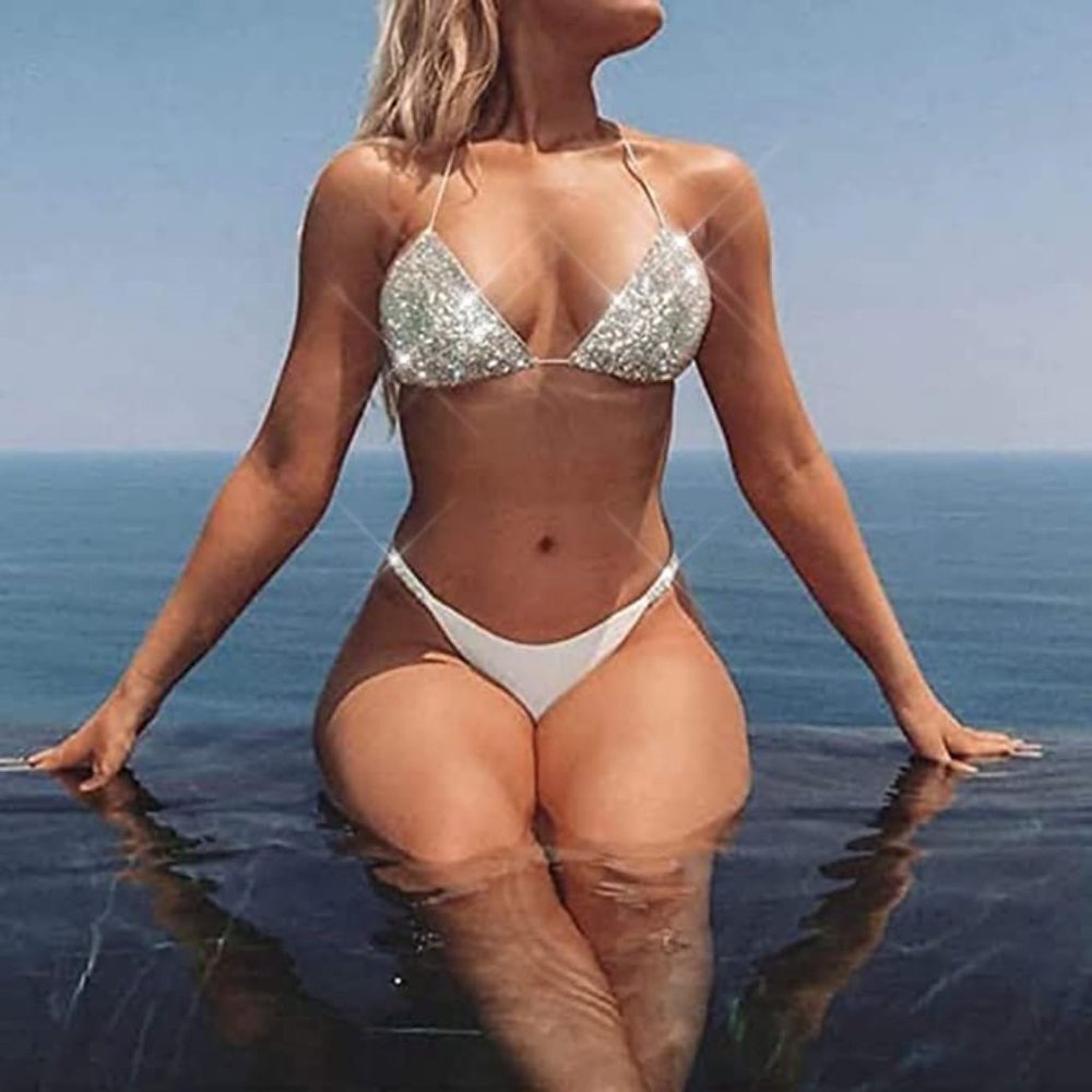 NEW Rhinestone Bikini Sparkling Bling Swarovski Crystal Swimsuit Beachwear White - Picture 3 of 11